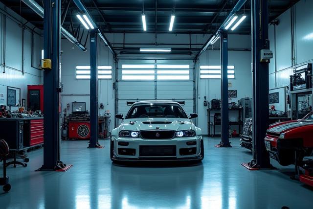 Kaisen Driftのモダンなガレージ内部、高性能車のパーツとツールが整理整頓されている
